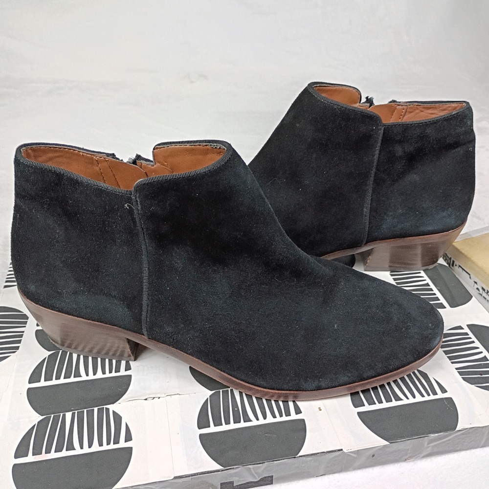 Sam Edelman Black Suede‎ Ankle Boots Low Block Heel Side Zip Booties Womens